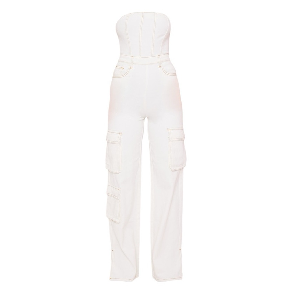 Ecru Contrast Stitch Cargo Pocket Bandeau Denim Jumpsuit